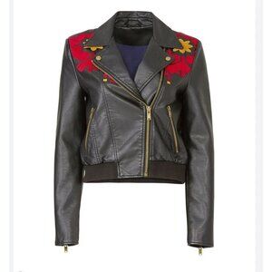 Free People Vegan Leather Embroidered Moto Jacket black size small NWT